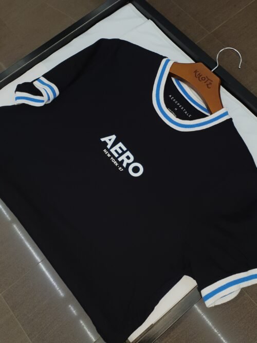 Camiseta Aeropostale Masculina Preta Gola Tricolor Logo Branco