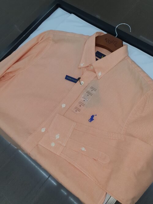 Camisa Ralph Lauren Masculina Tecido Maquinetado Salmão Pony Azul