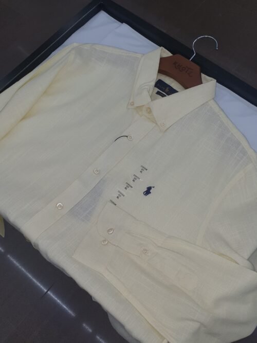 Camisa Ralph Lauren Masculina Linho Amarelo Creme Pony Marinho