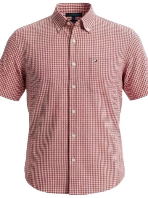 Camisa Tommy Hilfiger Masculina Micro Xadrez Manga Curta Vermelha