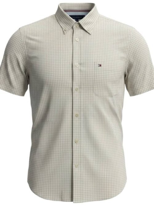 Camisa Tommy Hilfiger Masculina Micro Xadrez Manga Curta Creme