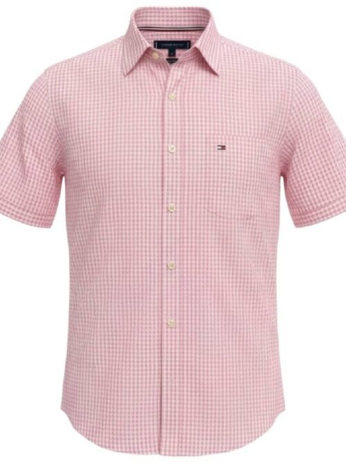 Camisa Tommy Hilfiger Masculina Micro Xadrez Manga Curta Rosa Bebê