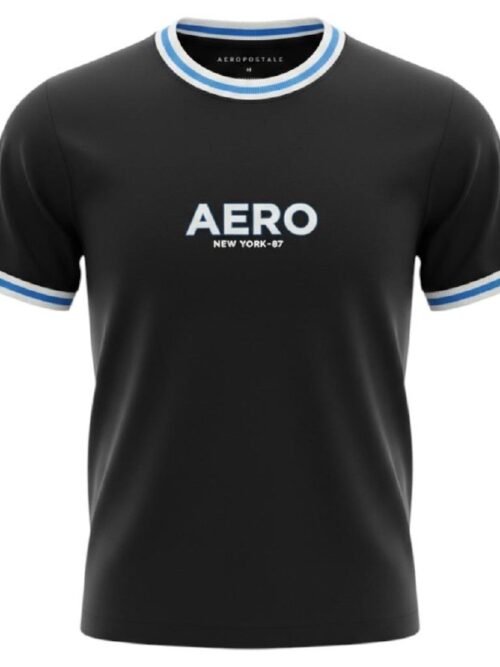 Camiseta Aeropostale Masculina Preta Gola Tricolor Logo Branco