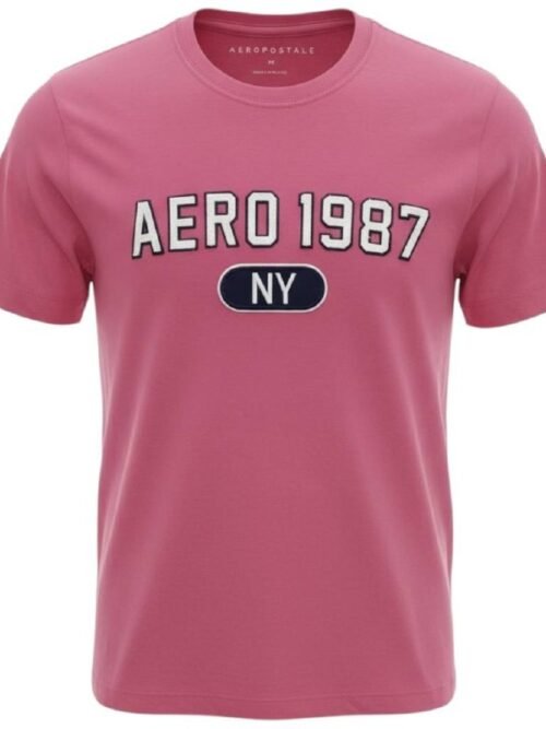 Camiseta Aeropostale Masculina Rosa NY 1987 Logo Branco