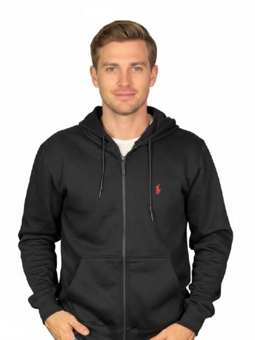 Moletom Zipper Ralph Lauren Masculino Preto Pony Vermelho Clássico